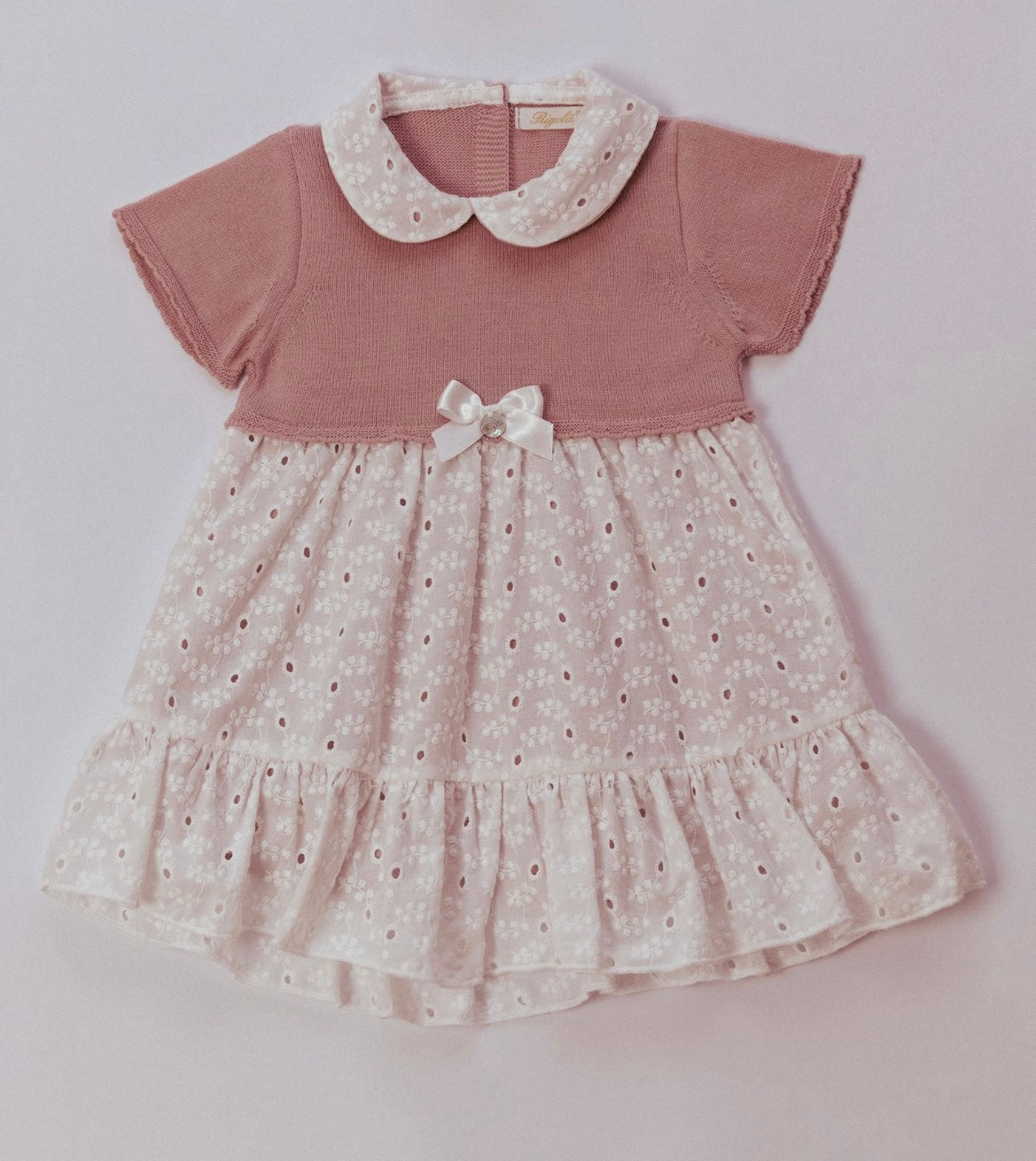 Rigola girls pink & white cotton half knit dress