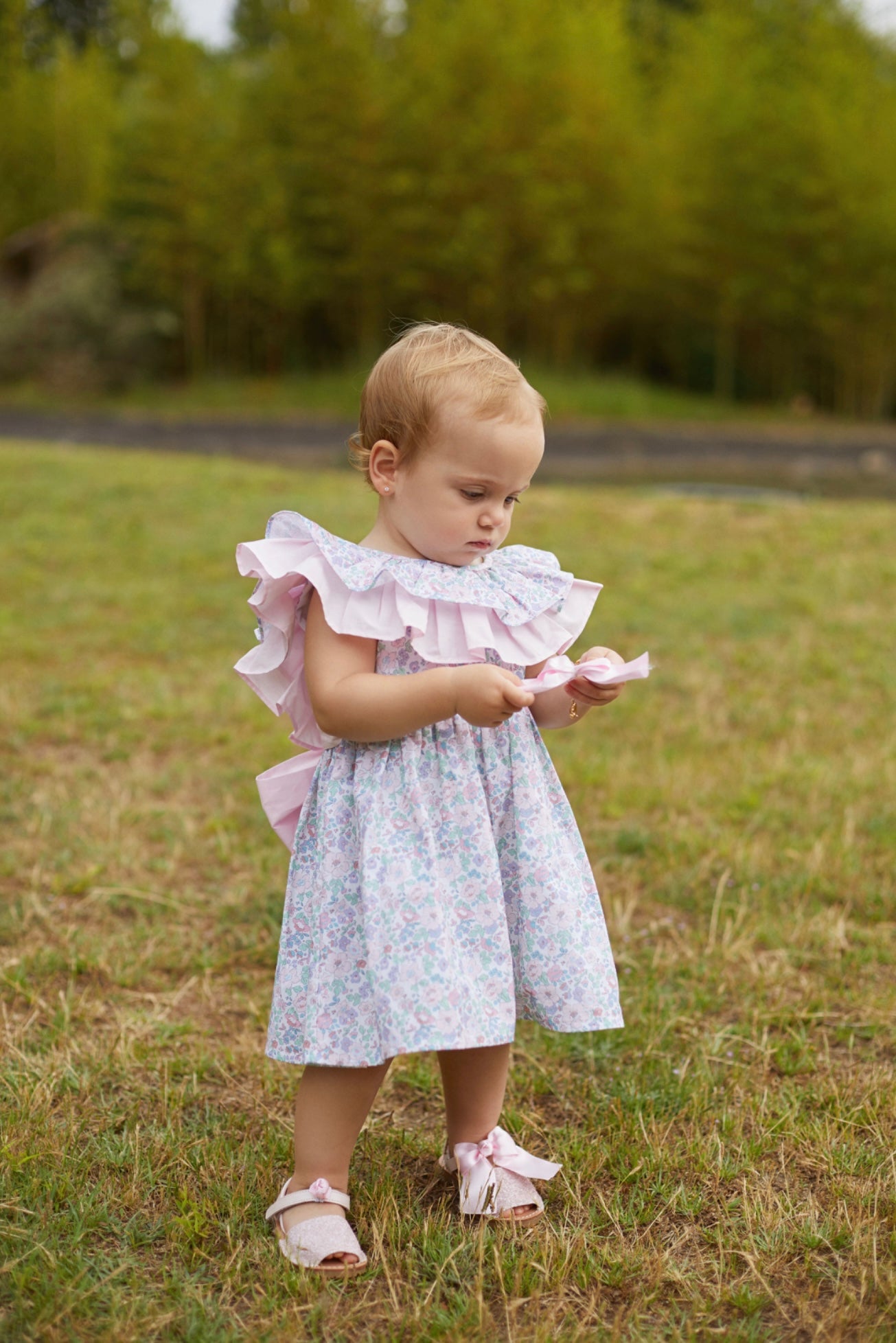 Deolinda girls gardenia print dress with double ruffle collar