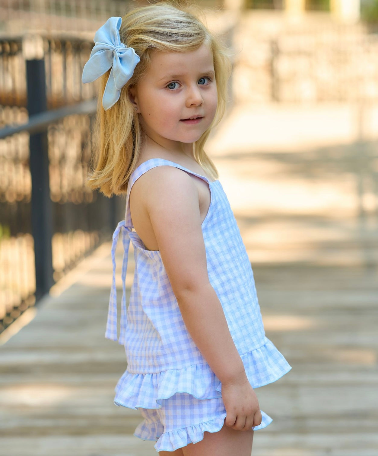 Rapife blue gingham frilled blouse & short set