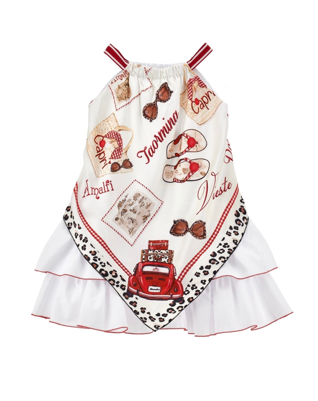 Monnalisa white & red leopard detail scarf frilled dress