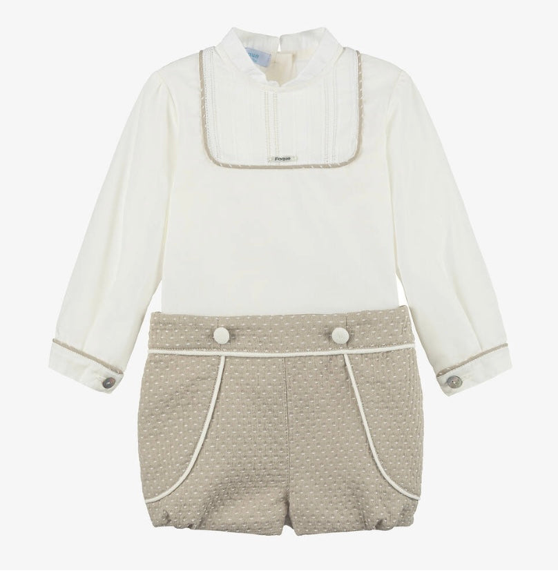Foque boys Ivory & Beige Cotton Shorts Set