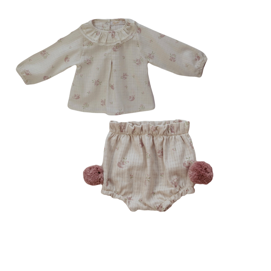 Rigola dusky pink foxes blouse & Pom Pom pant set