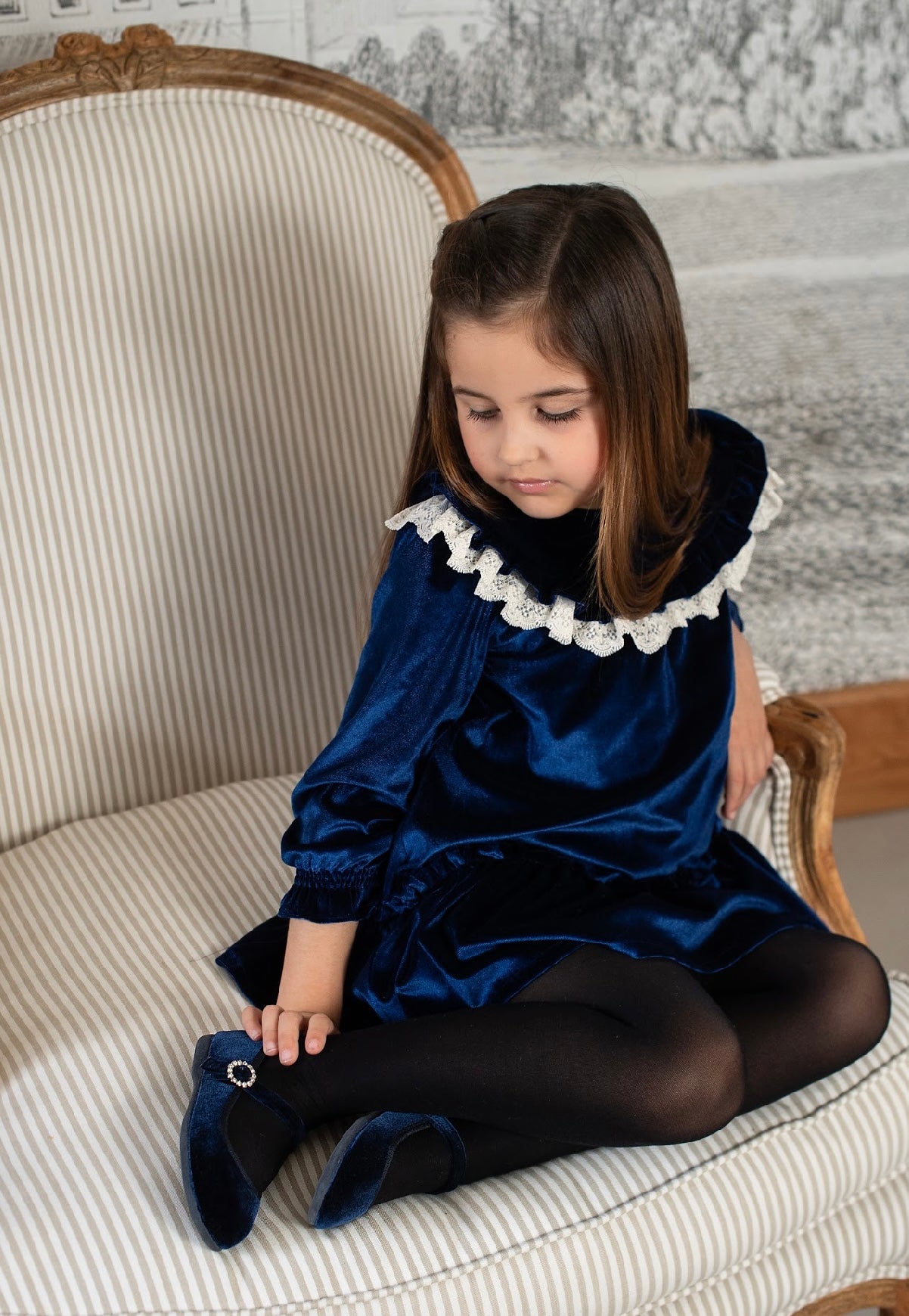 Foque girls midnight blue satin lace dress