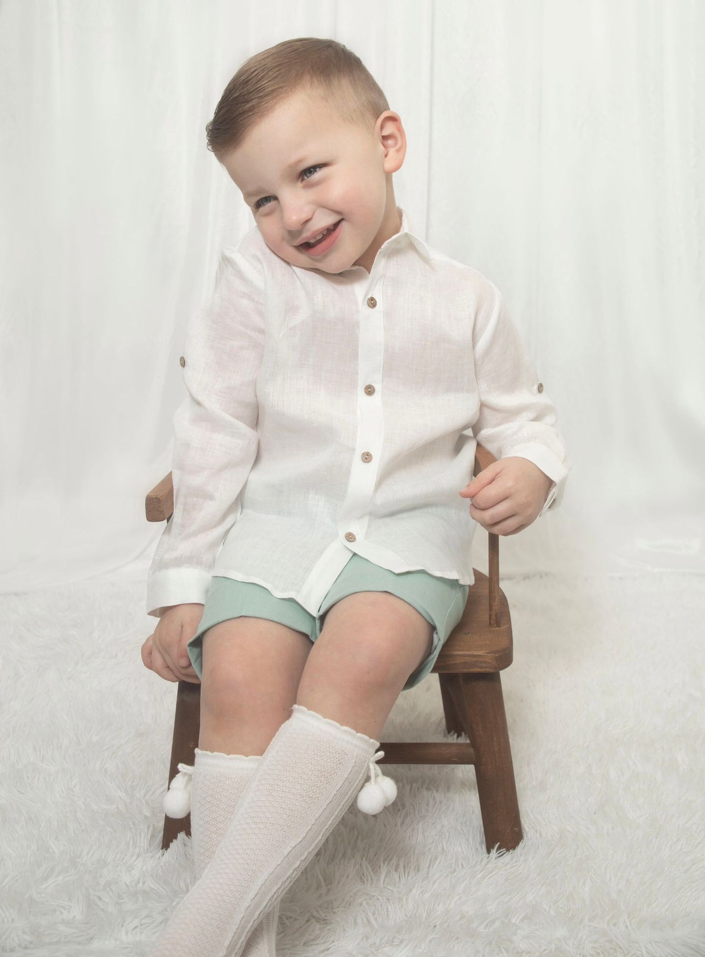 Martin Aranda white linen shirt & aqua blue short set