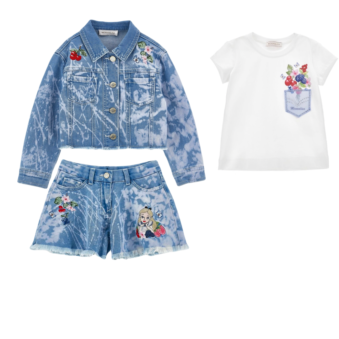 Monnalisa fruity Alice in wonderland denim 3 piece set
