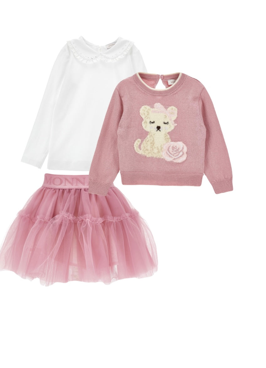PRE ORDER - monnalisa pink teddy 3 piece tulle skirt set