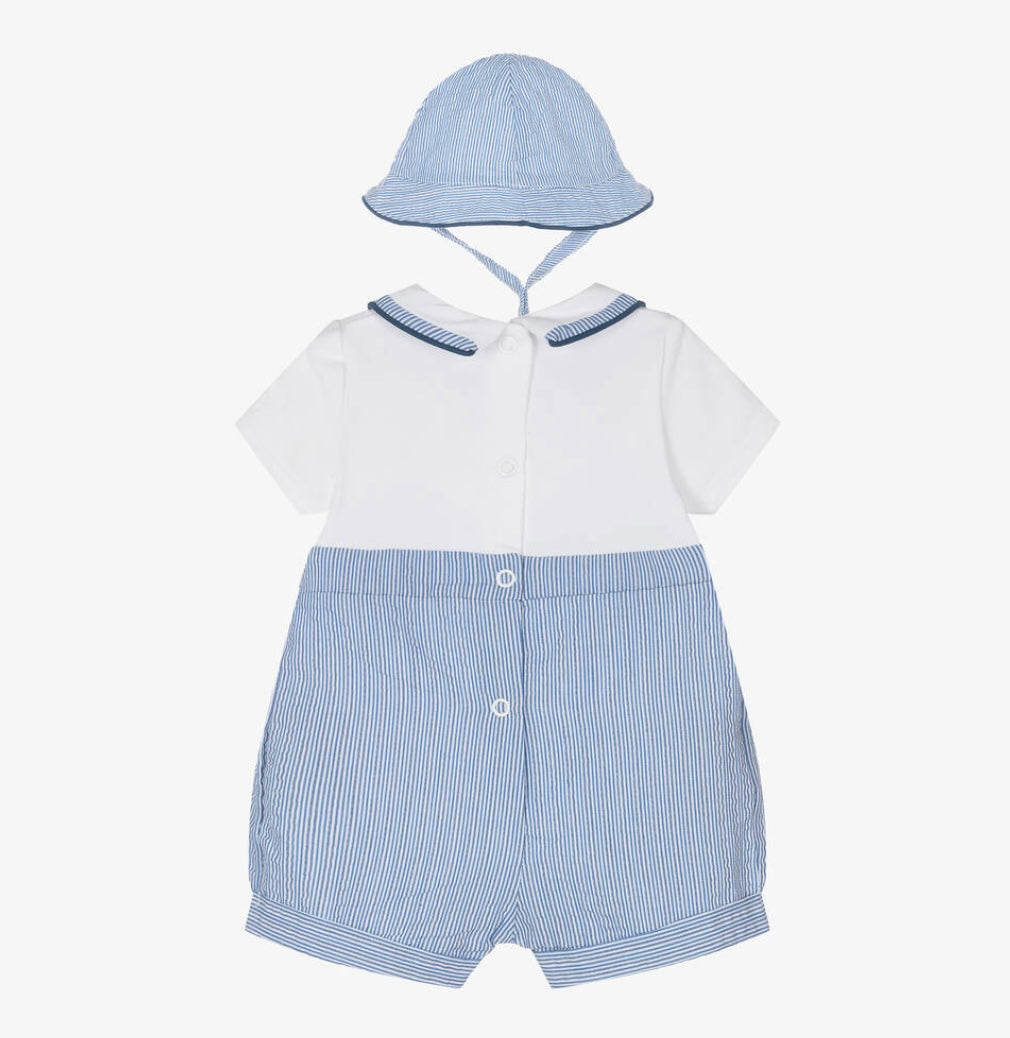 Mayoral boys Navy stripe romper & hat set
