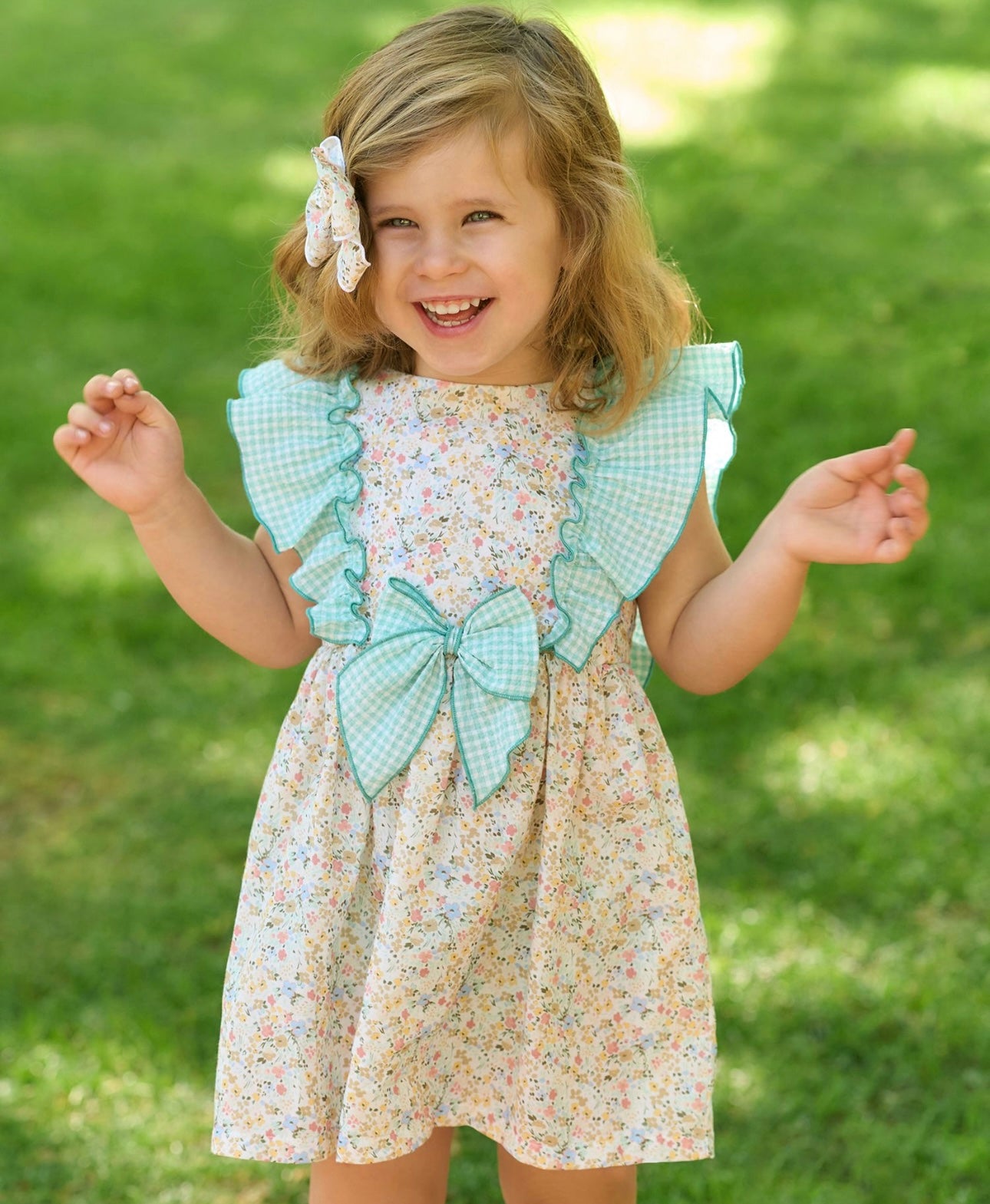 Rapife green & yellow floral bow dress set