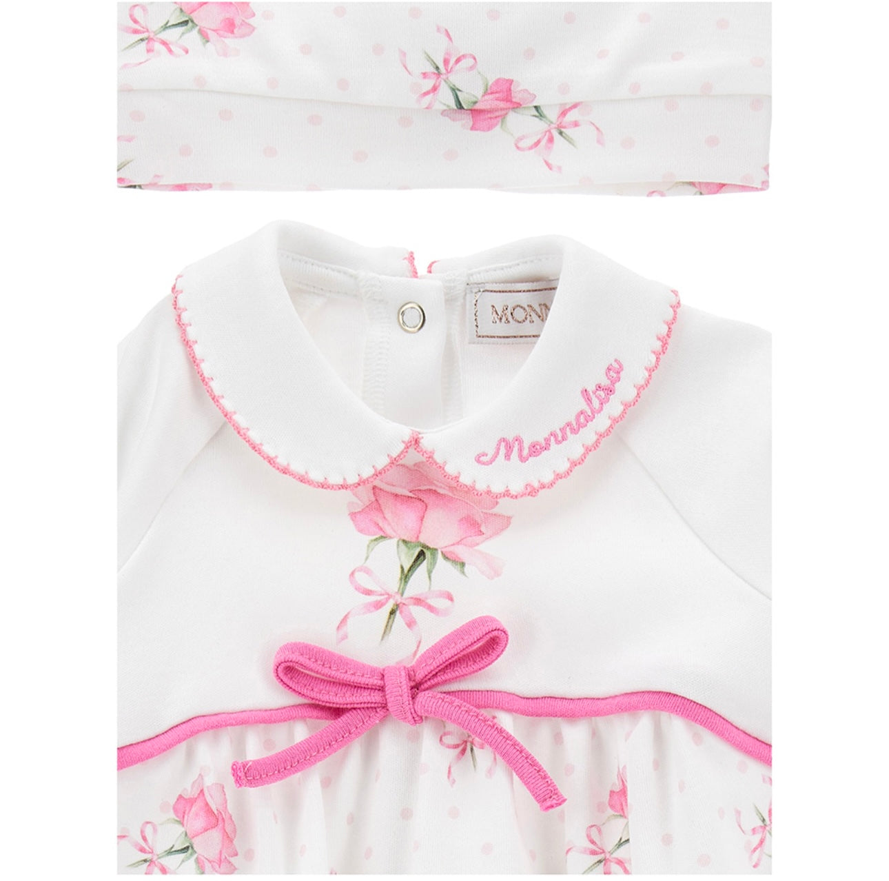 Monnalisa white & pink roses babygrow and hat set