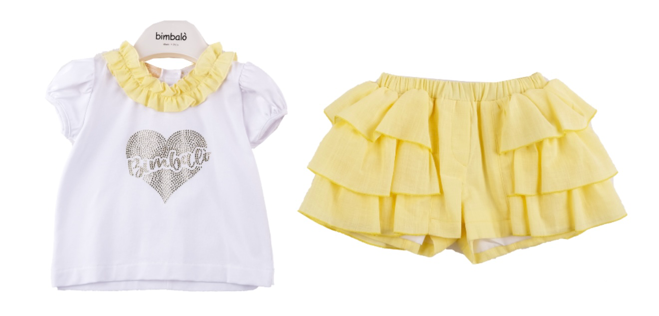 Bimbalo yellow cotton frilled t-shirt & short set