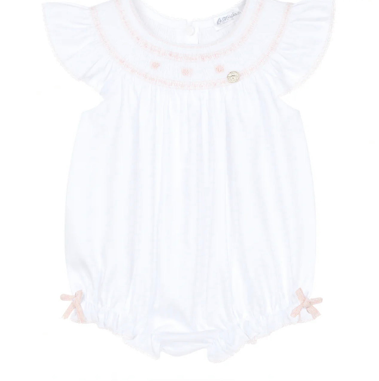 Deolinda white & pink bow smocked cotton romper