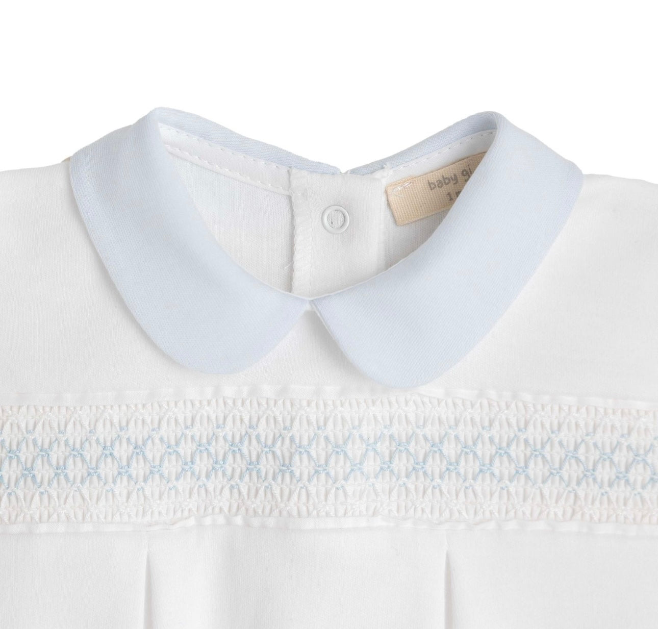 Baby Gi white & blue cotton smocked babygrow