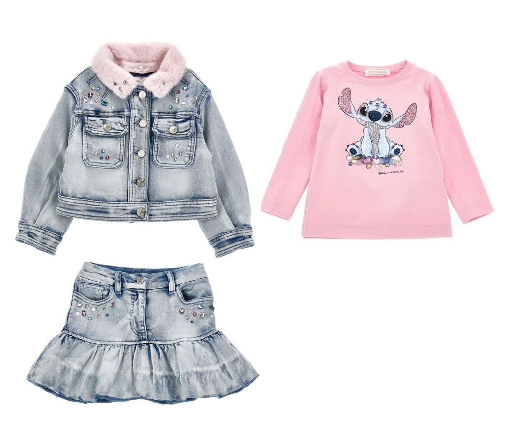 Monnalisa stitch x angel denim 3 piece set