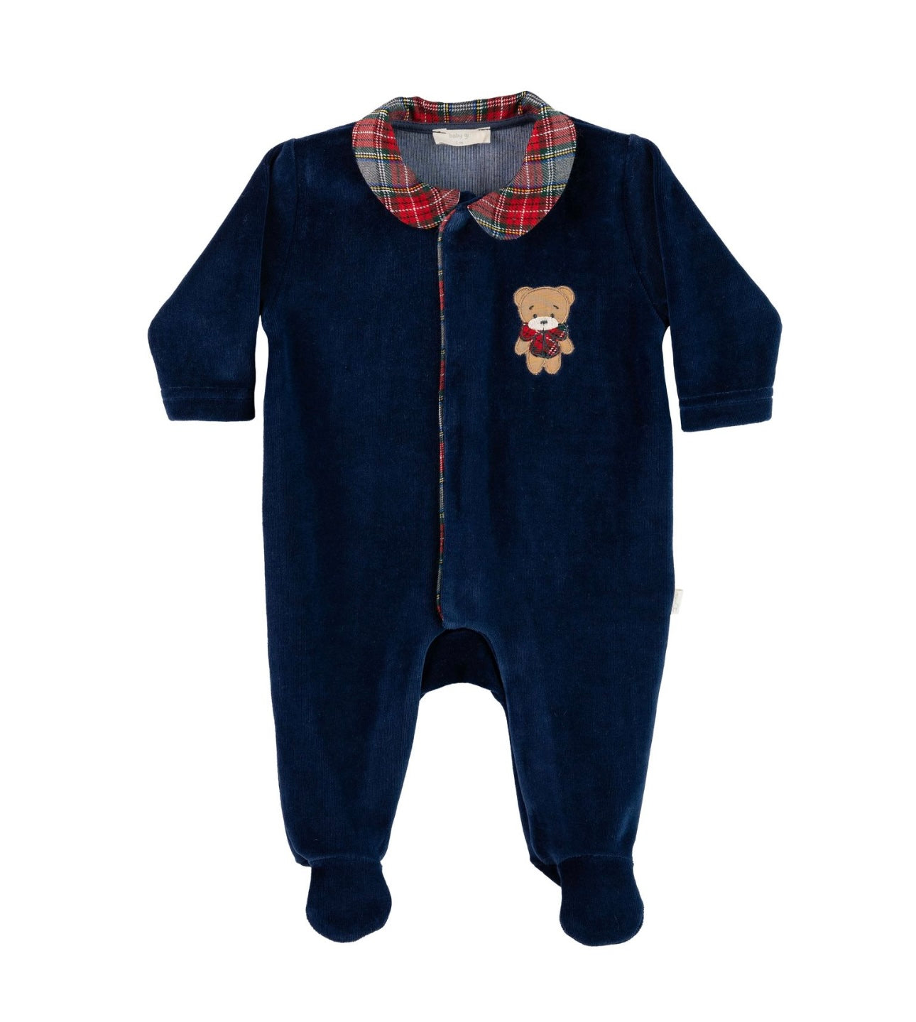 Baby Gi blue velour tartan teddy baby grow