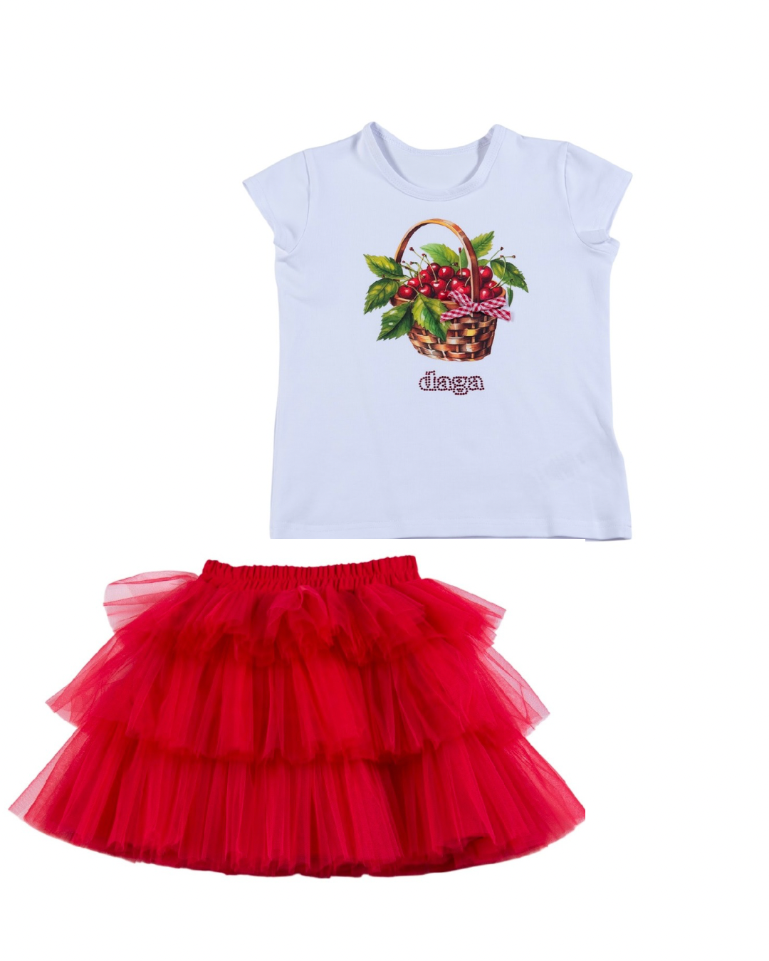 Daga fluffy cherries red & white tulle skirt set