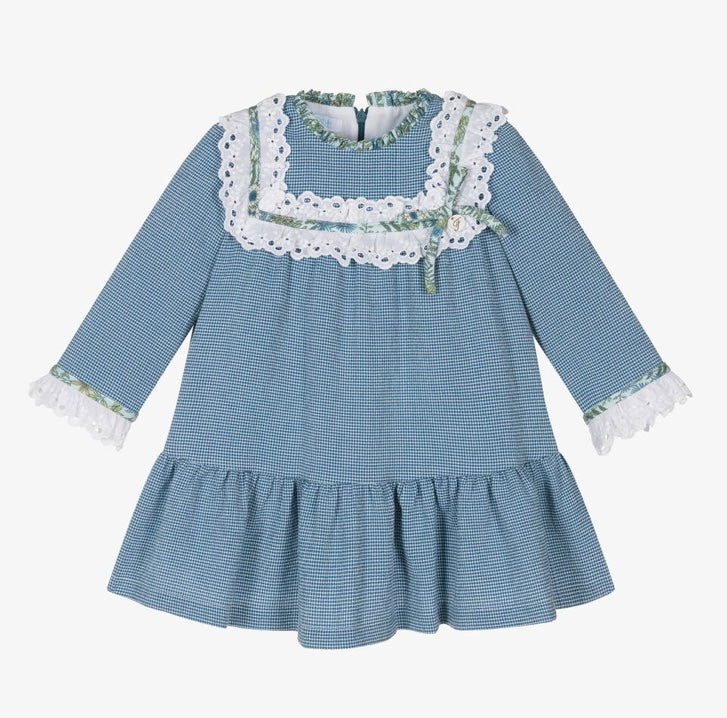 Foque Girls blue gingham and floral dress