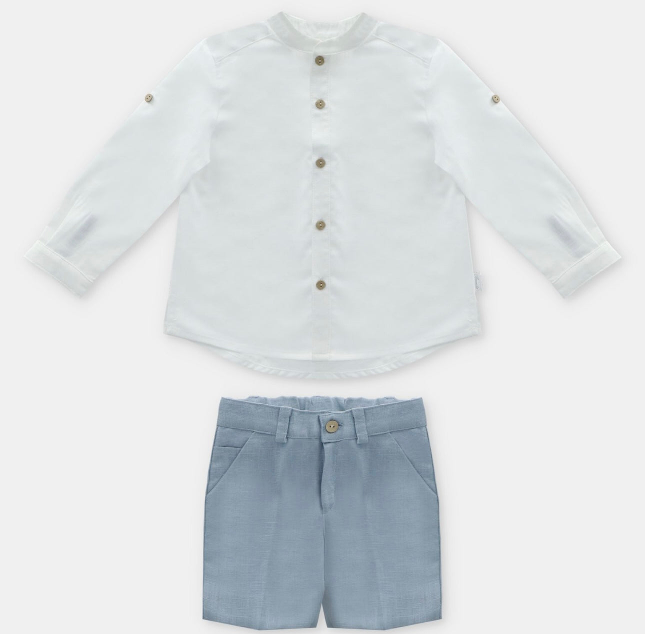 Martin Aranda blue & white linen shirt and short set