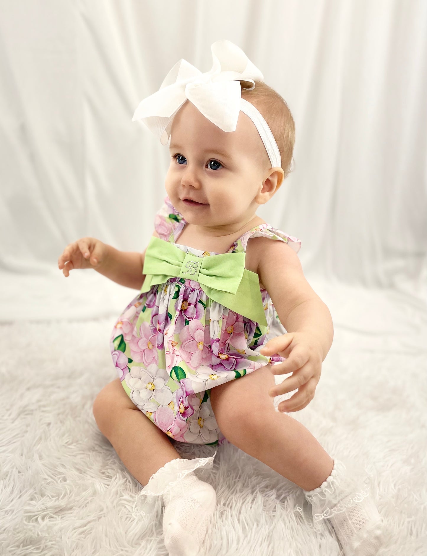 Ballon chic green cotton floral romper