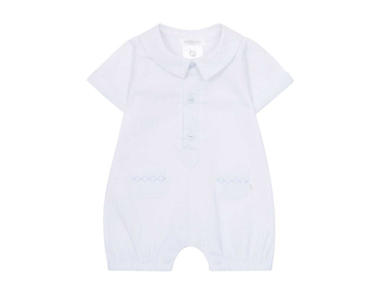 Deolinda white cotton blue smocked pocket romper