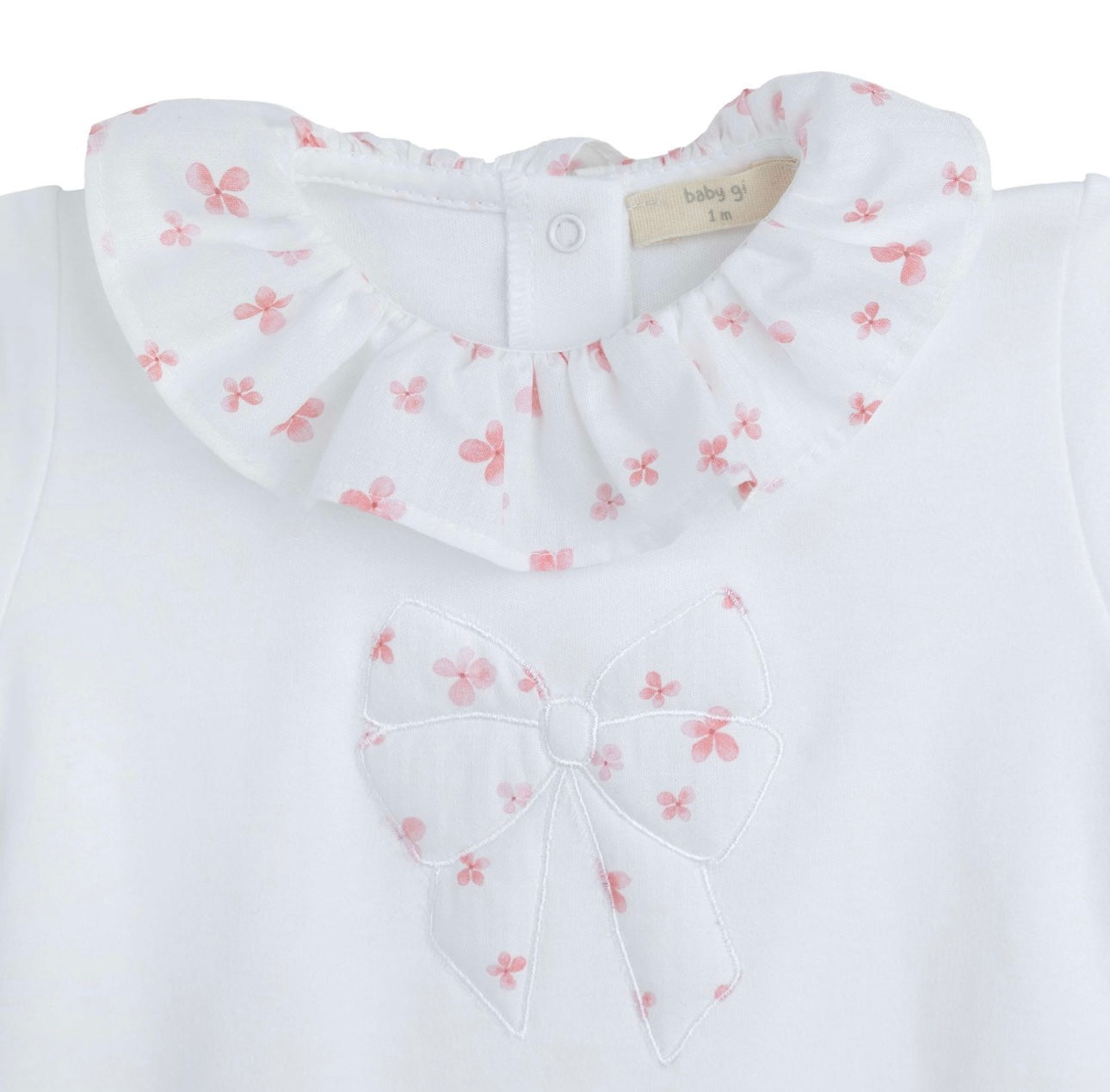 Babu gi white & pink floral bow babygrow
