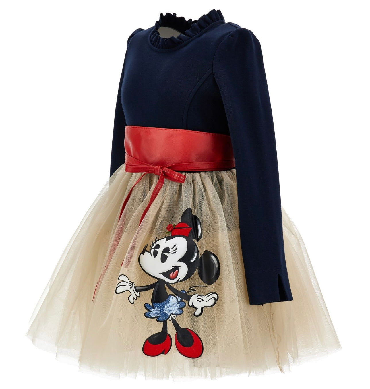 PRE ORDER - Monnalisa navy & beige tulle Minnie Mouse belted dress
