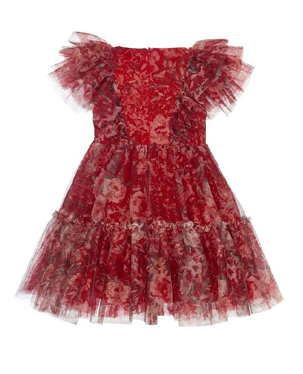 Balloon chic red floral tulle dress