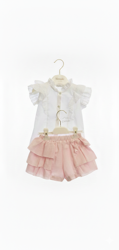 Bimbalo pink & white linen frilled short & blouse set