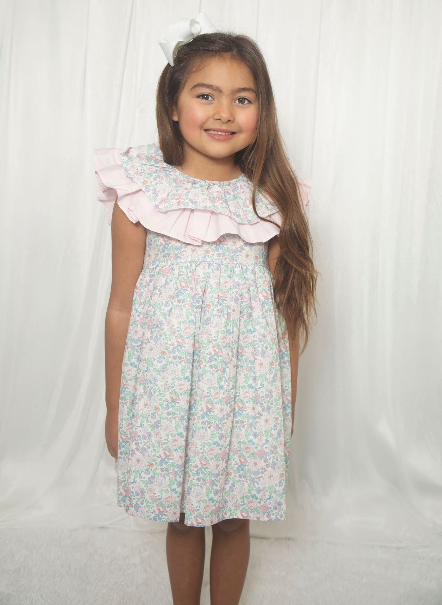 Deolinda girls gardenia print dress with double ruffle collar