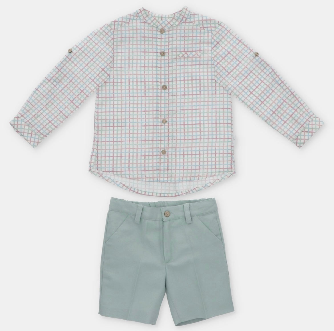 Martin aranda green and plum check shirt & short set
