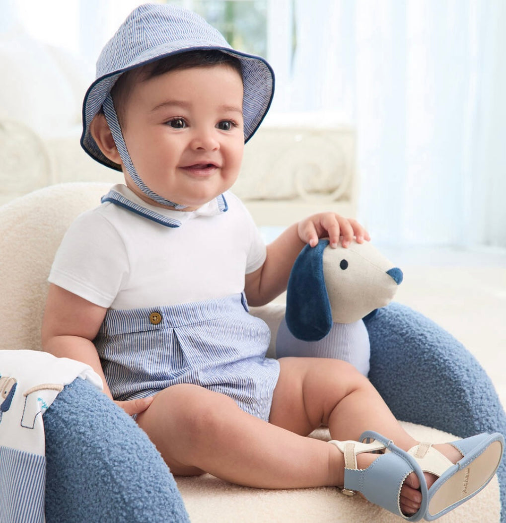 Mayoral boys Navy stripe romper & hat set