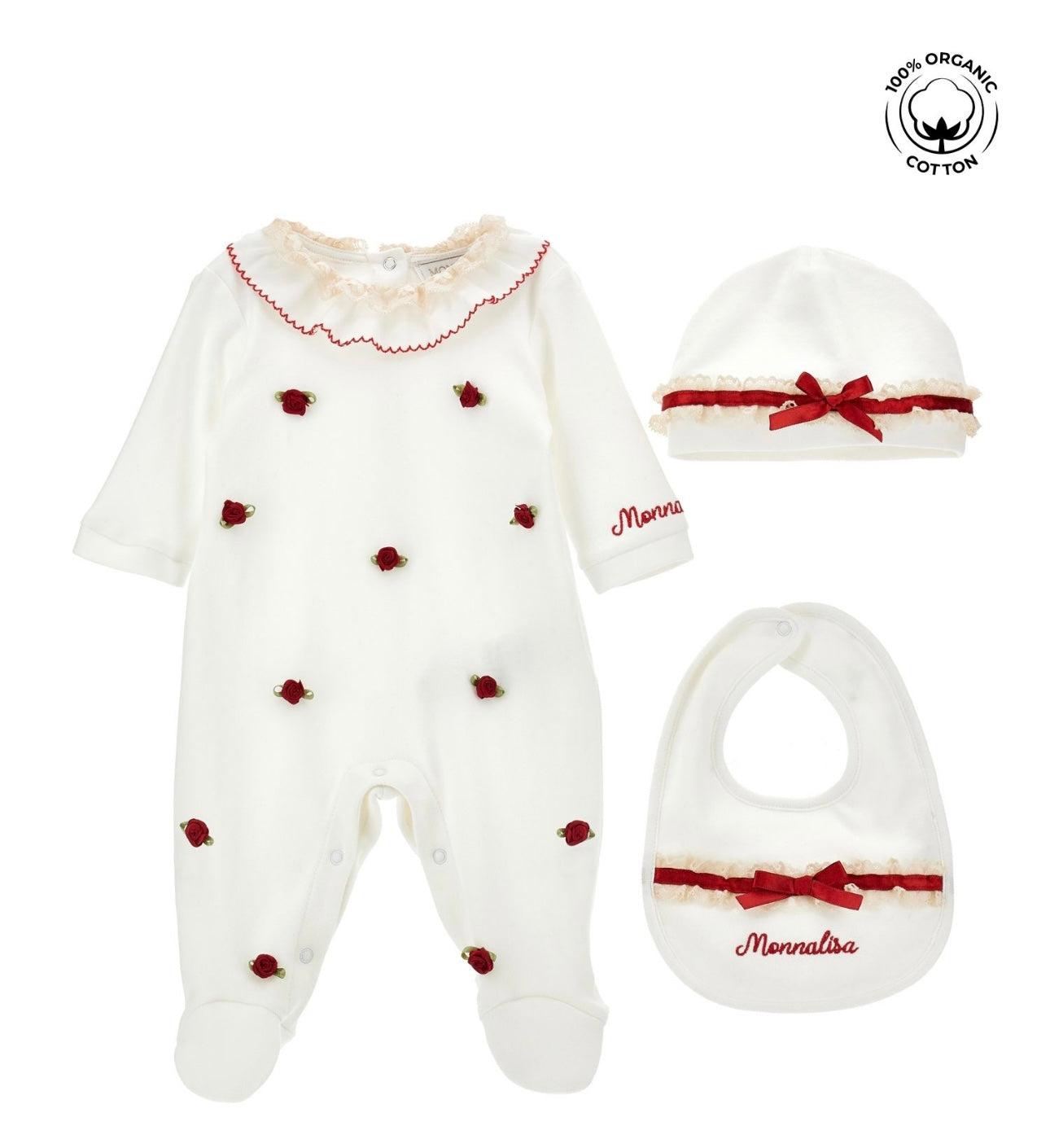Monnalisa white & red cotton rosebud 3 piece set