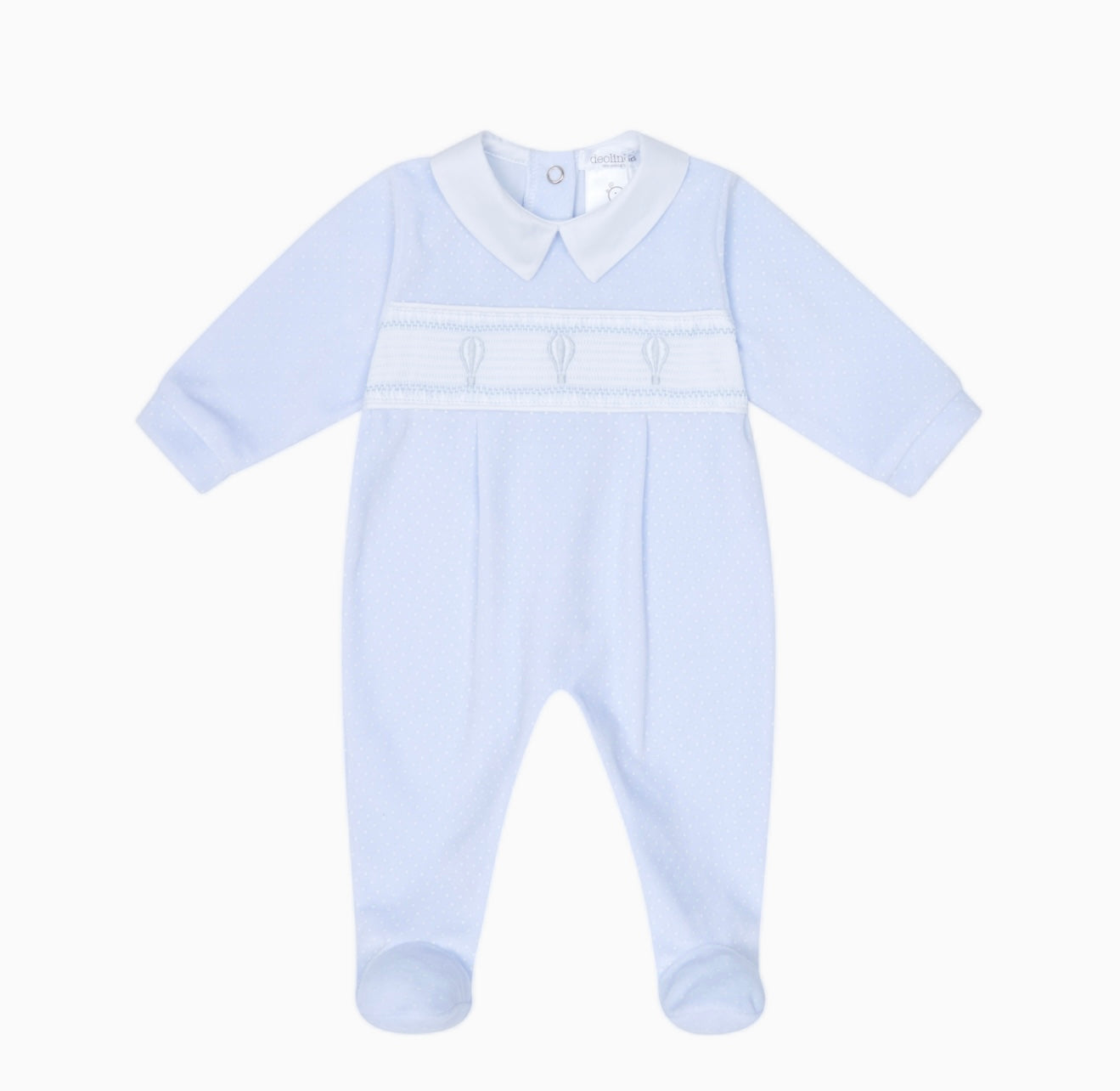 Deolinda blue velour air balloon smocked babygrow