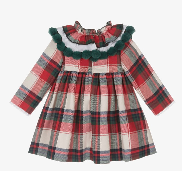 Foque girls red tartan Pom Pom dress