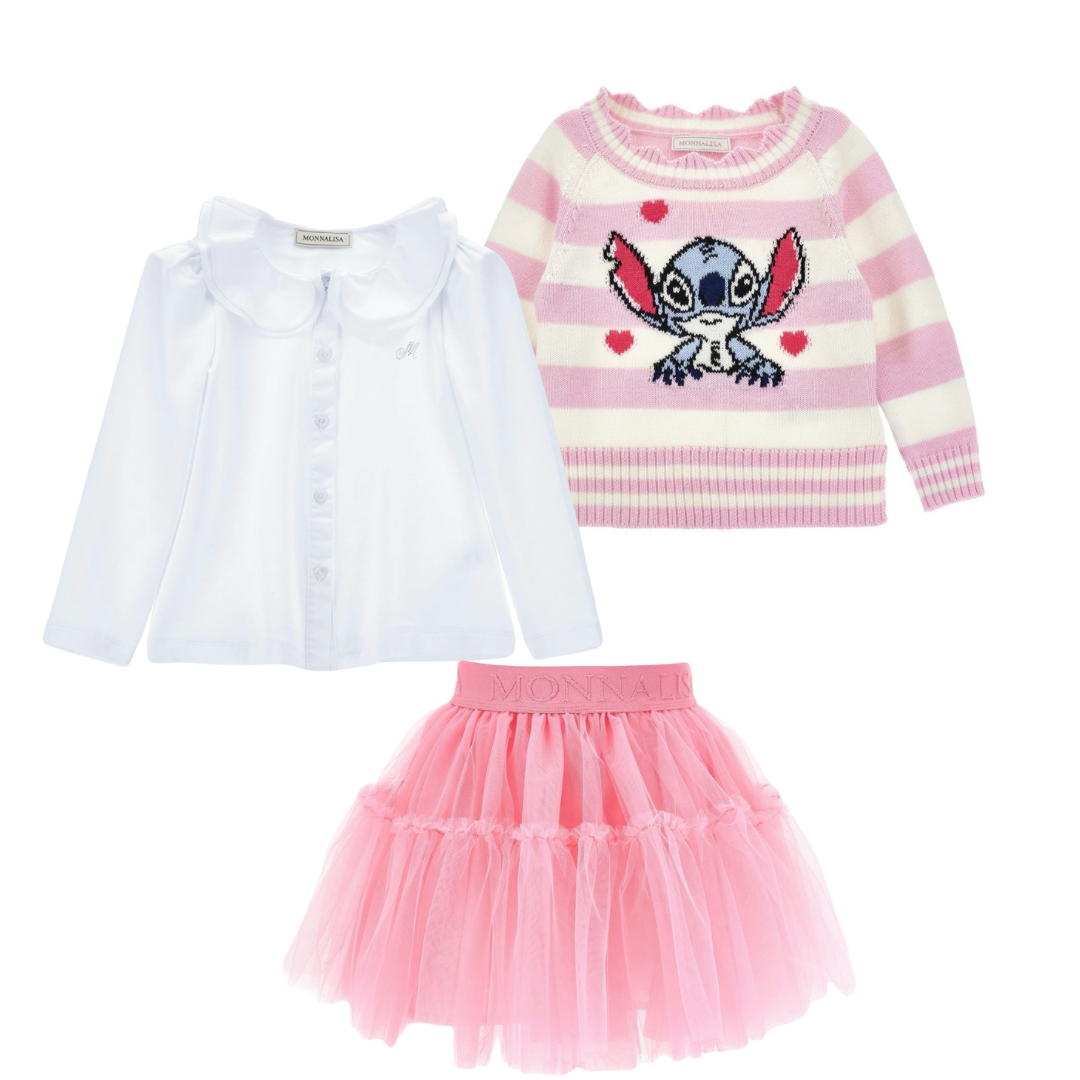 PRE ORDER - Monnalisa stitch jumper, blouse & pink tulle skirt set