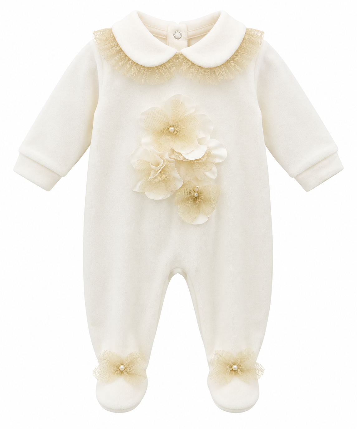 Bimbalo gold & white velour flower appliqué babygrow
