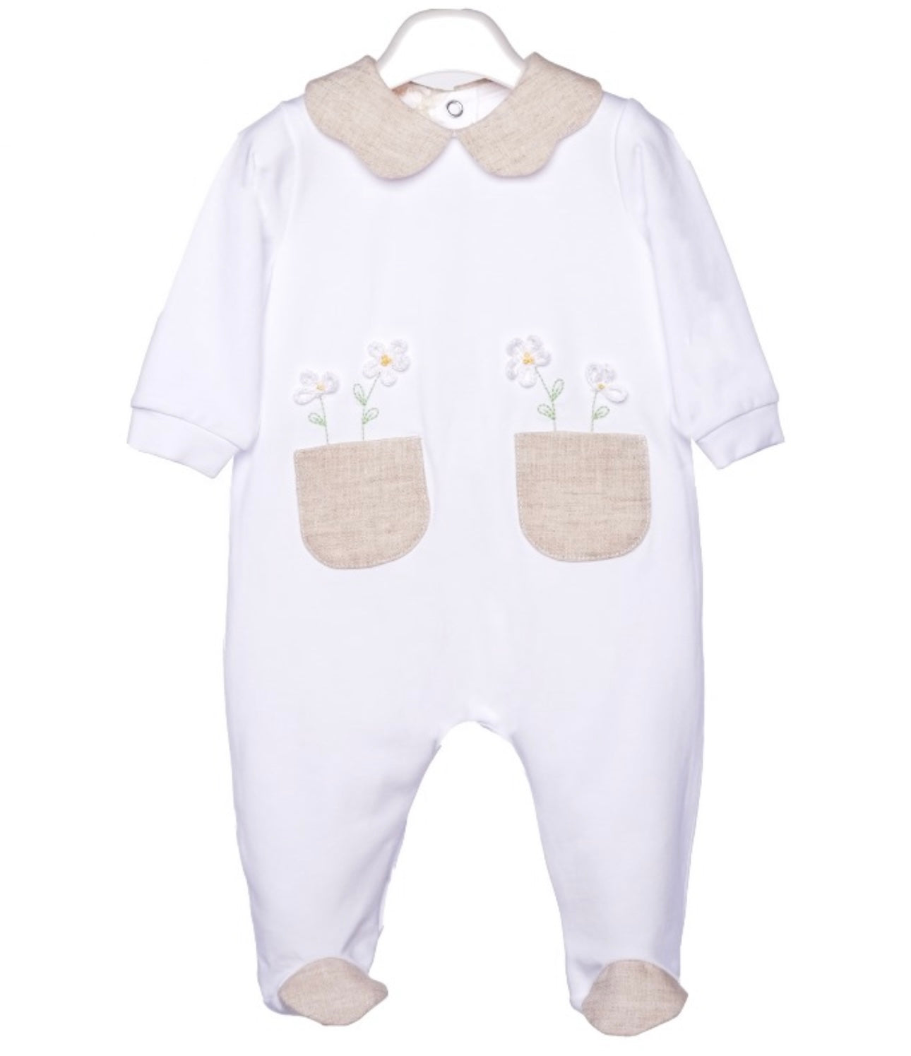 Bimbalo white cotton babygrow with beige linen daisy detailing