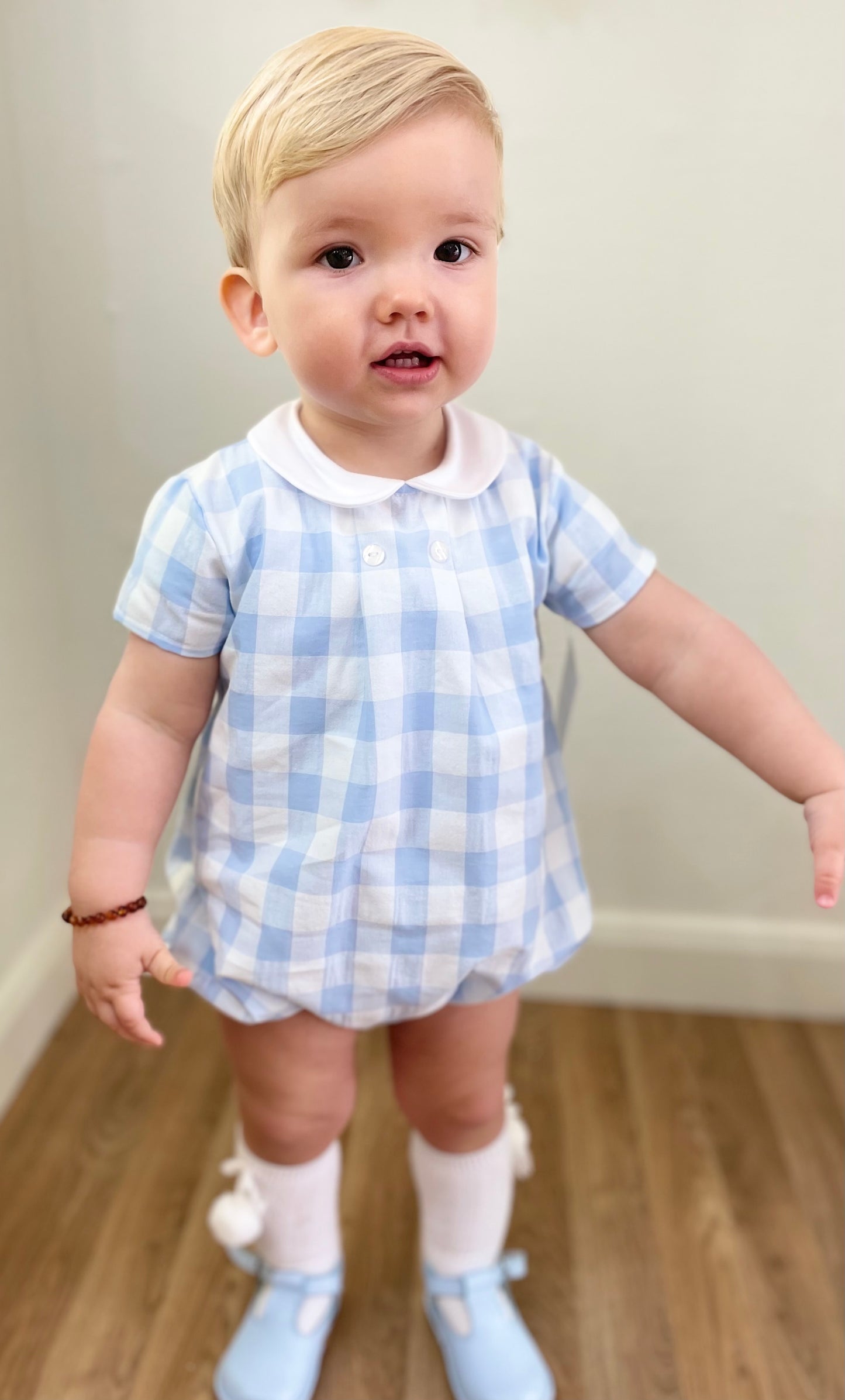Rapife boys blue & white check romper