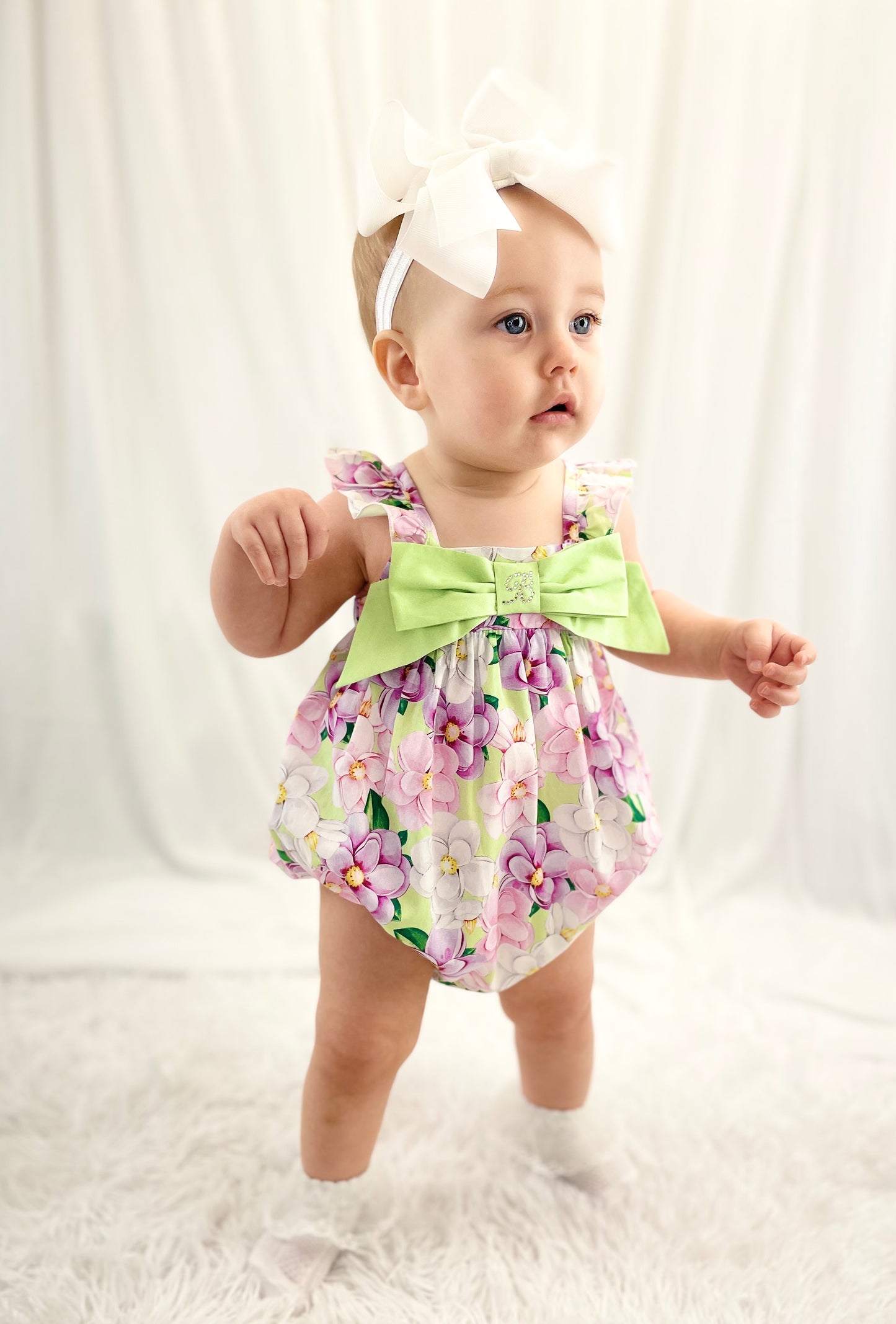Ballon chic green cotton floral romper