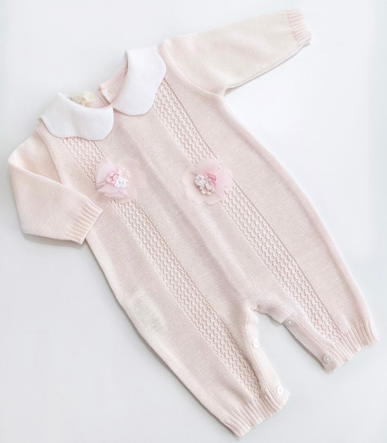 Bimbalo pink cotton knit flower appliqué babygrow