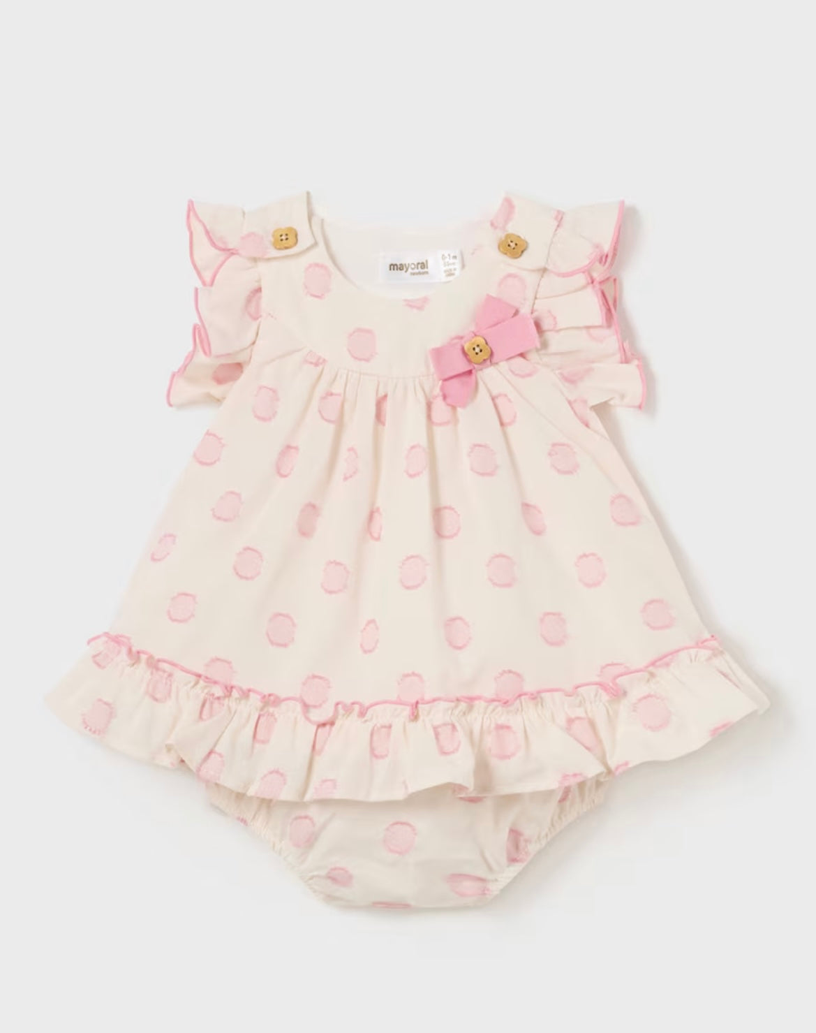 Mayoral beige & pink polka dot Jacquard dress set