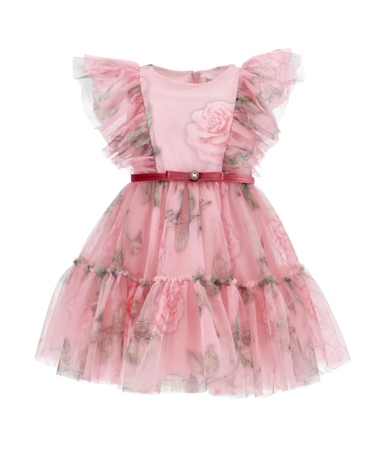 Monnalisa pink tulle rose belted dress