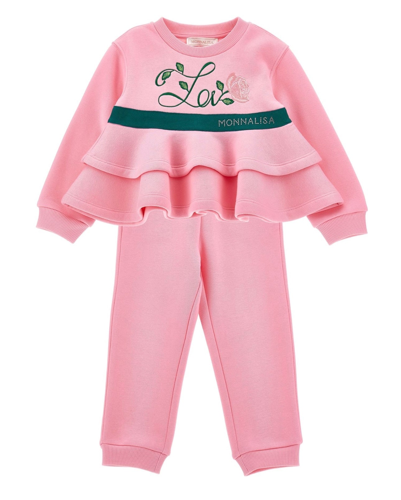 Monnalisa pink & green frilled ‘love’ tracksuit