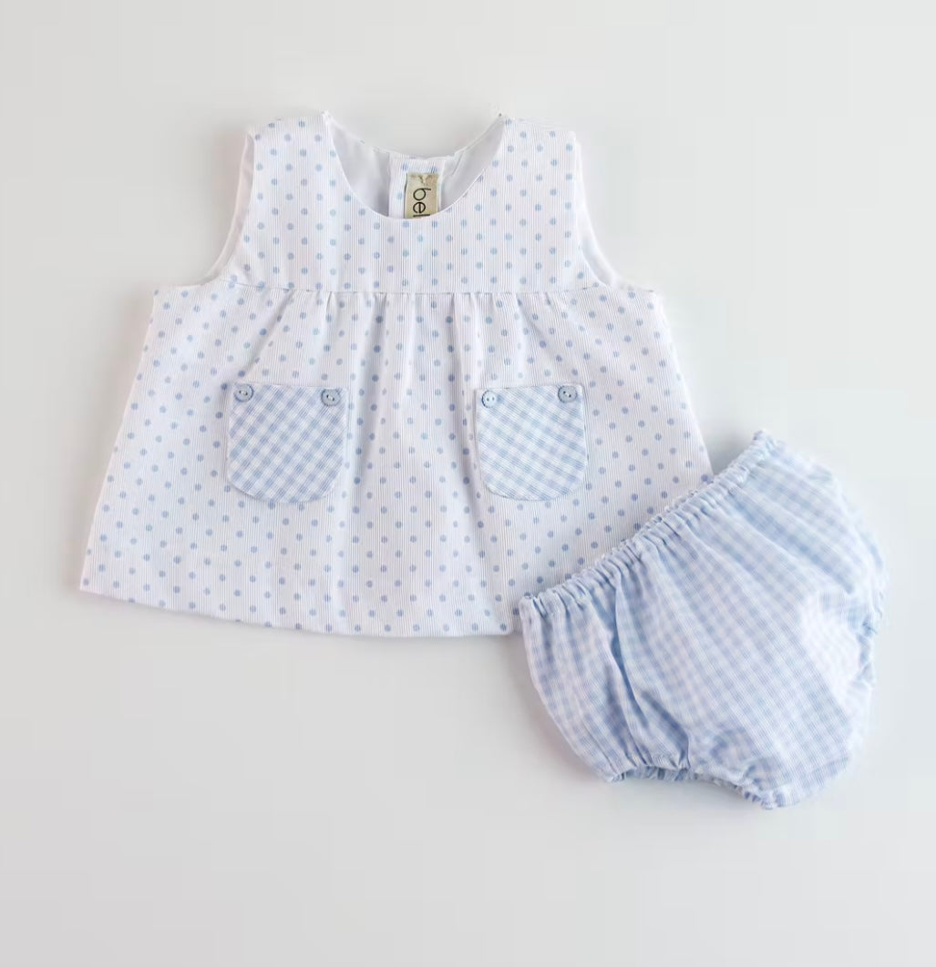 Belan couture blue & white polka dot check top and pant set