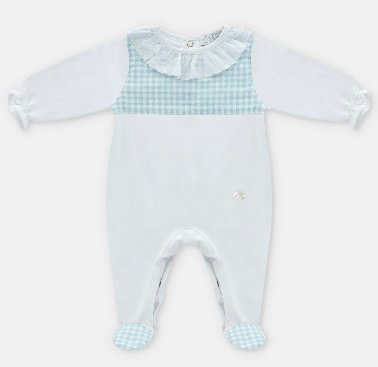 Martin Aranda aqua blue gingham and white frilled babygrow
