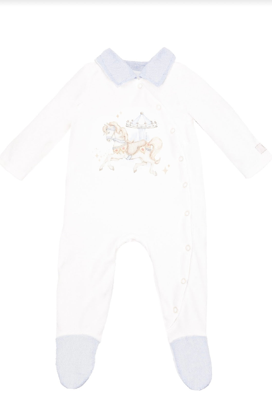 Jamiks ivory & blue rocking horse baby grow