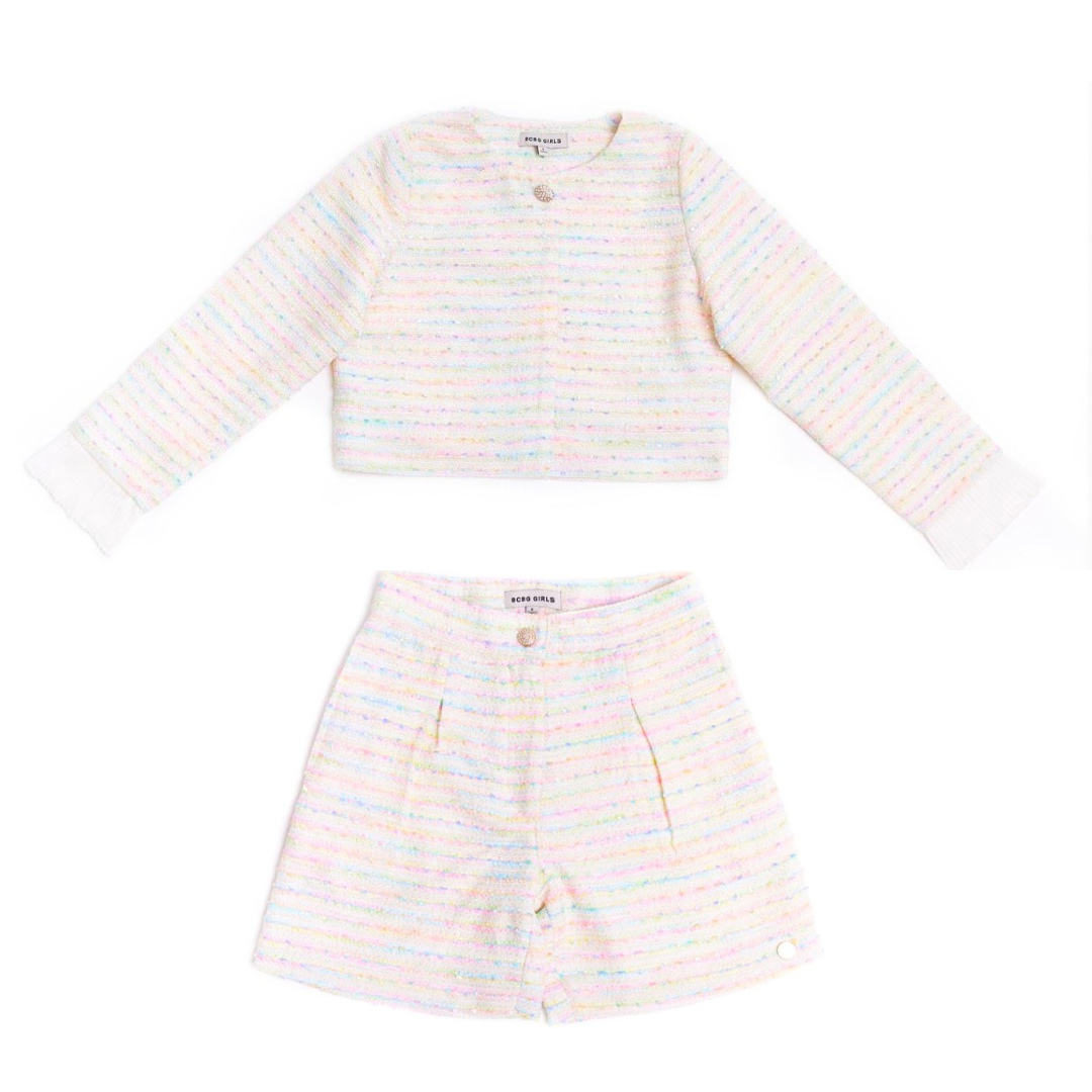 BCBGMAXAZARIA girls multi coloured cream tweed short & jacket set
