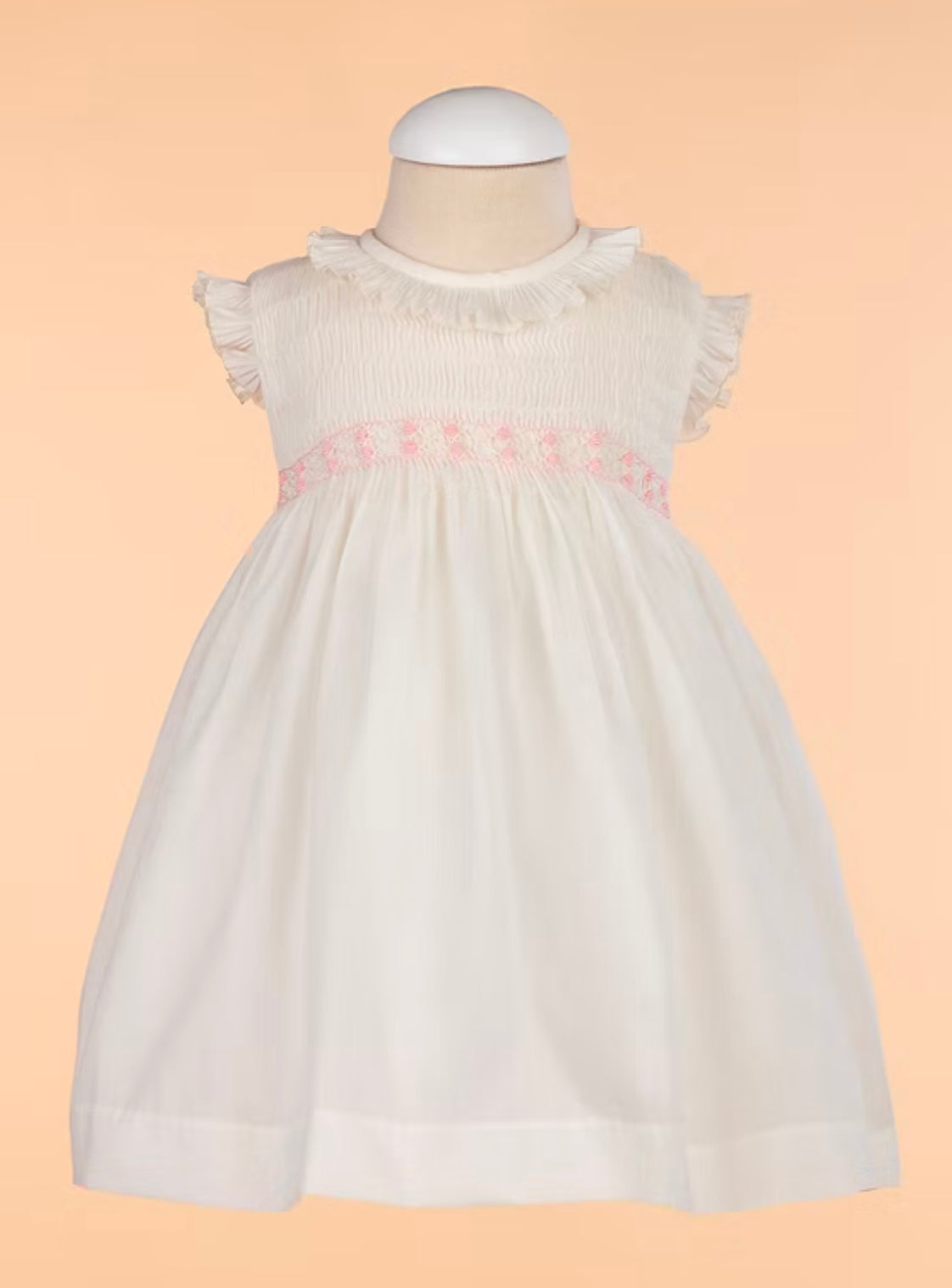 Belan couture cotton ivory & pink smocked dress