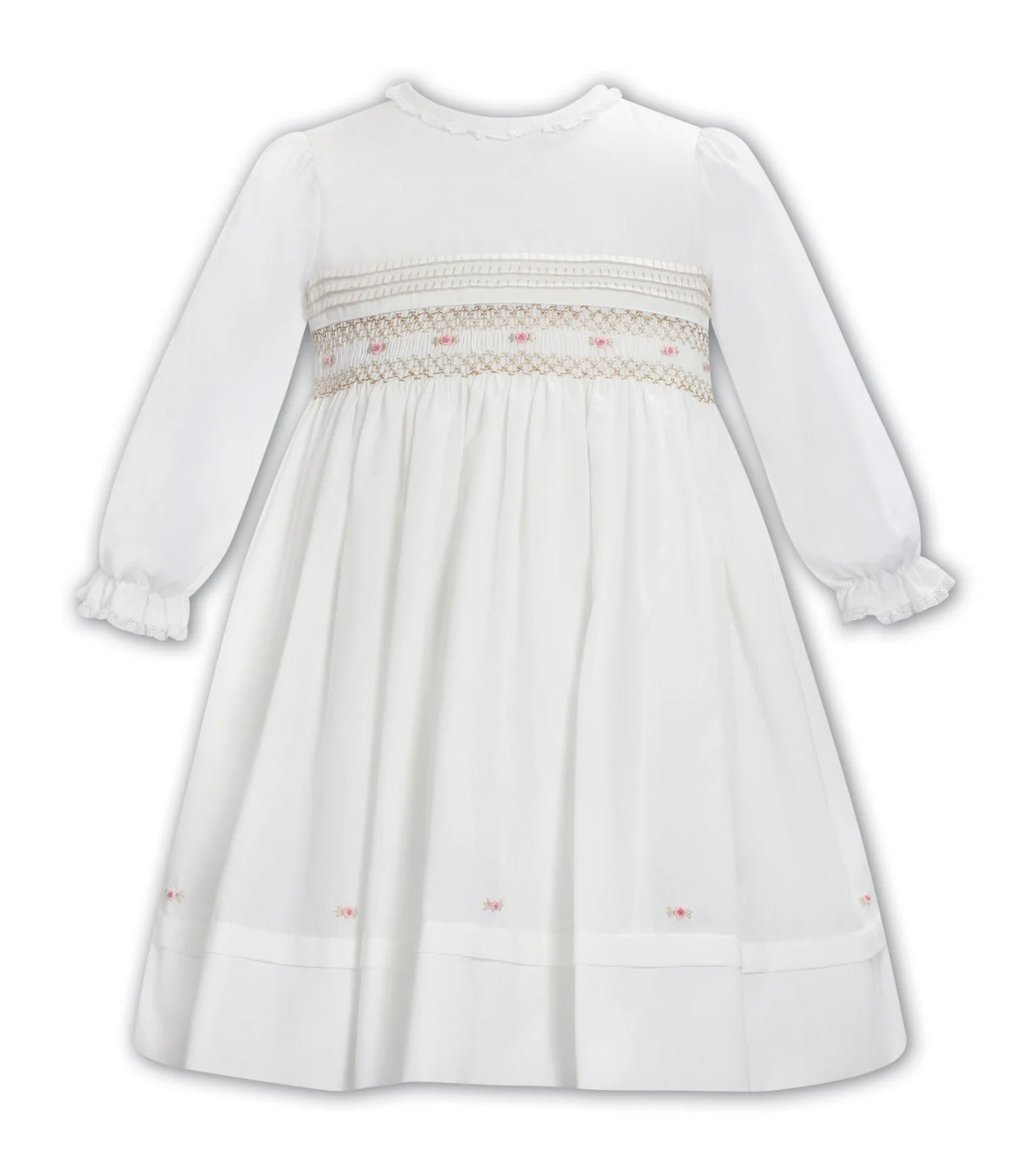 Sarah Louise ivory & beige smocked rosebud dress