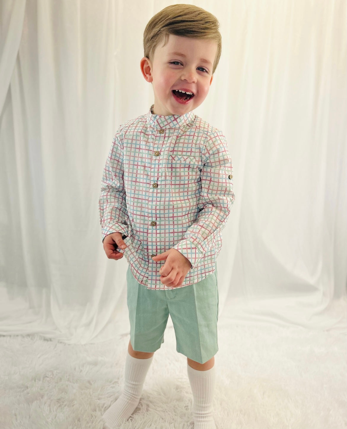 Martin aranda green and plum check shirt & short set