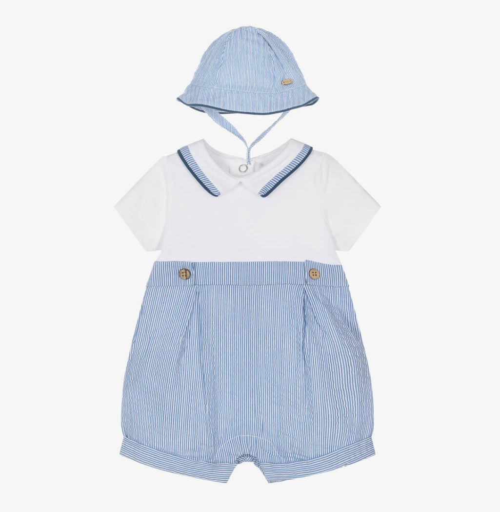 Mayoral boys Navy stripe romper & hat set